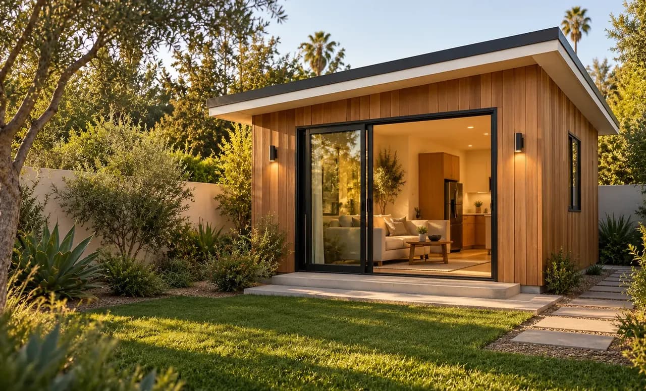 A detached accessory dwelling unit with cedar siding and a sliding glass door in a landscaped backyard